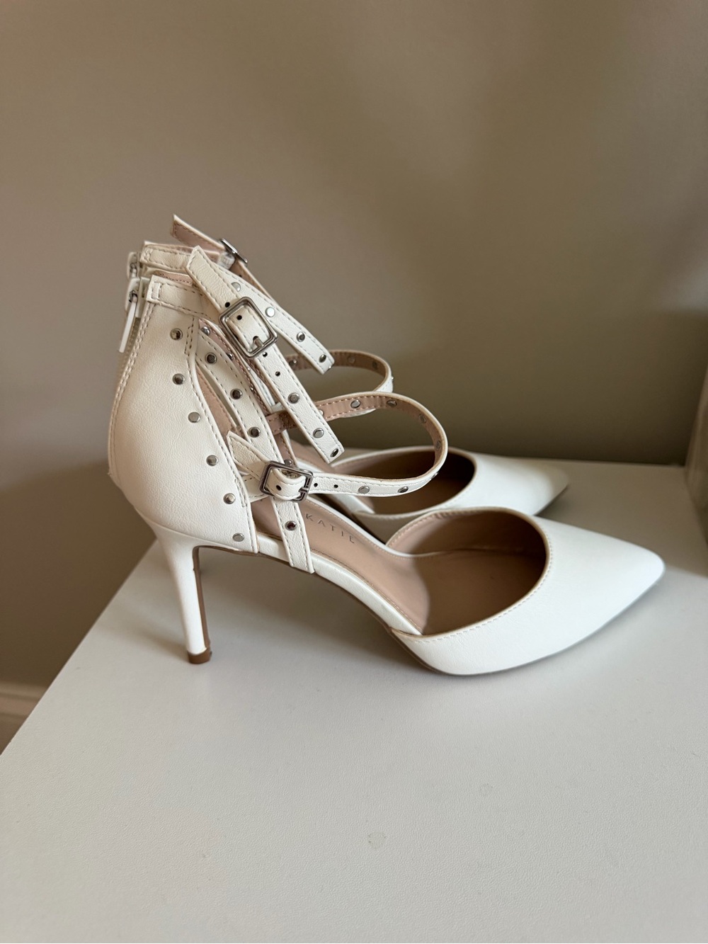 Kelly & Katie White Pointed Toe Studded Ankle Strap Heels